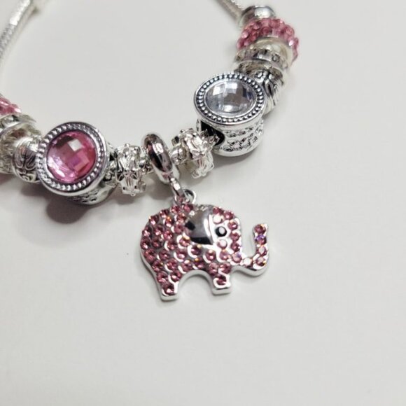 NWT Pandora Style Charm Bracelet Sparkling Pink Elephant Glittering Rhinestones - Picture 5 of 7